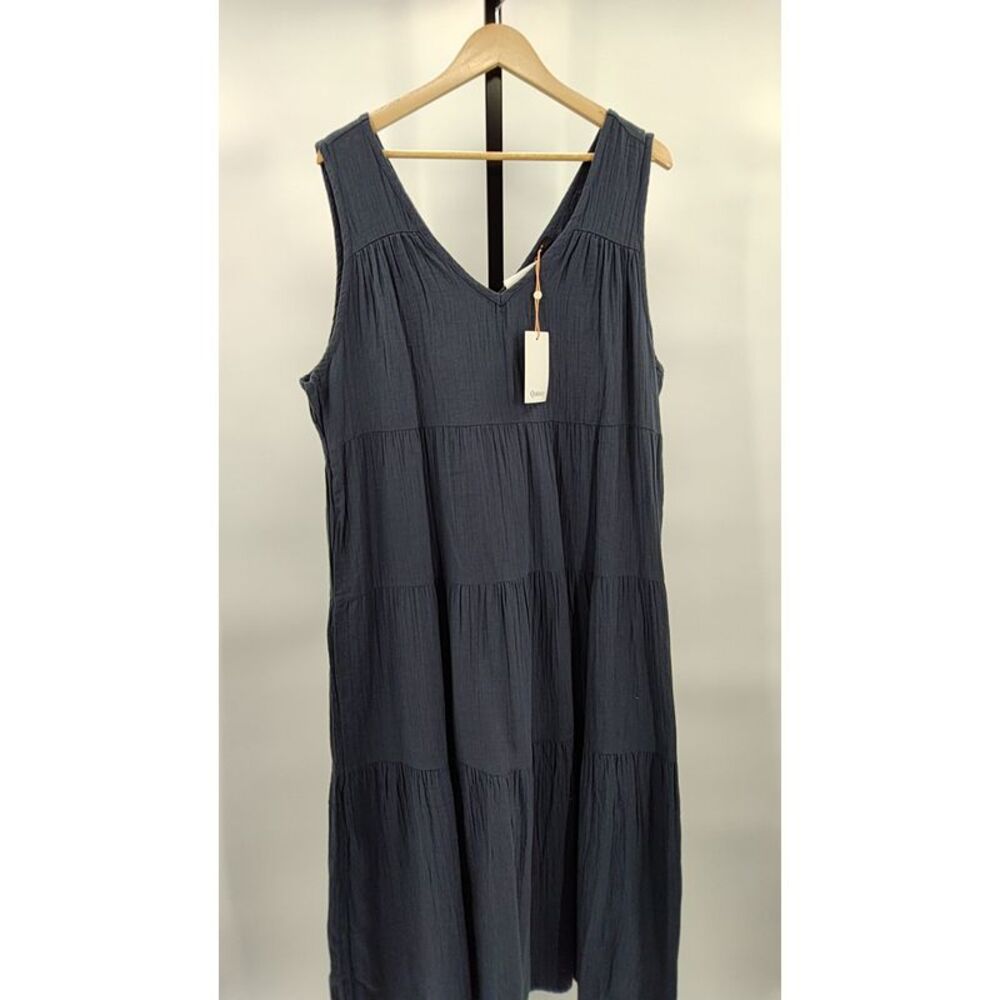 Quince Womens 100% Organic Cotton Gauze Tiered Maxi Dress Indigo Blue XL
